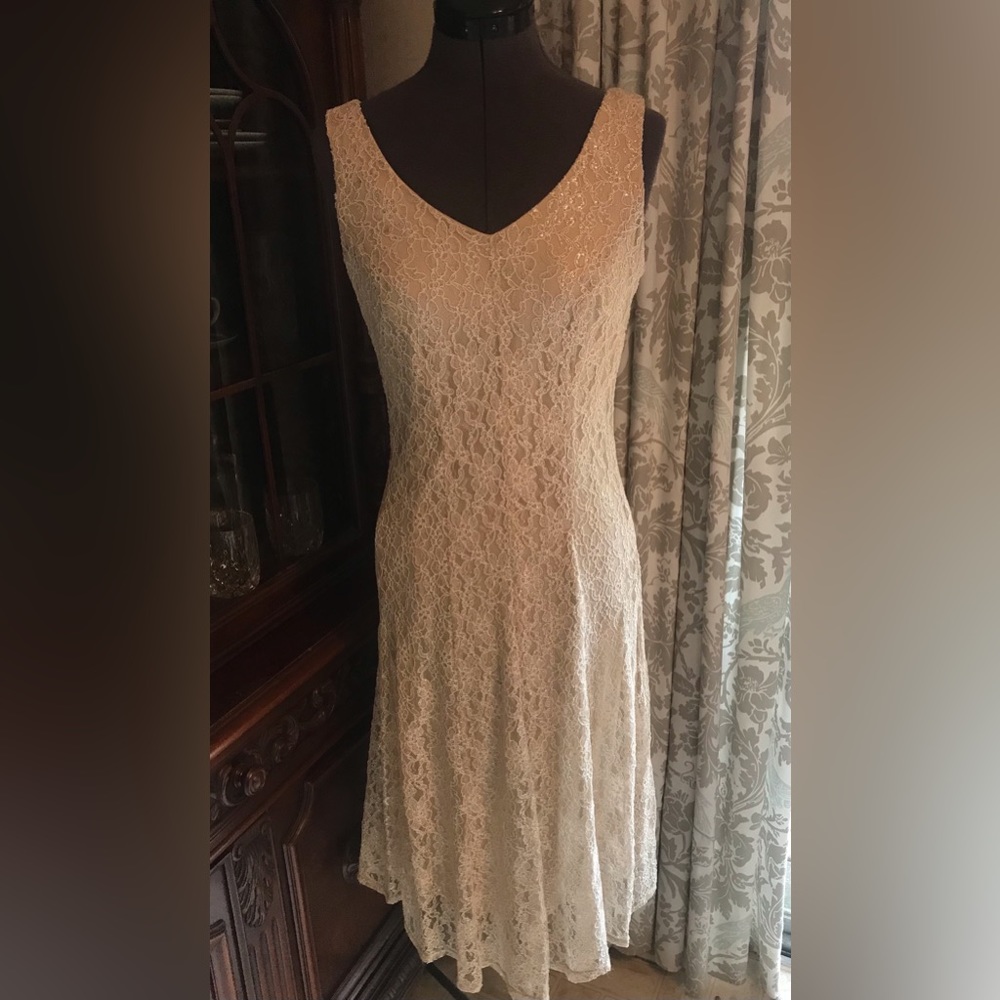 Laura size 6 Champagne Lace Dress with subtle metallic silver threading.